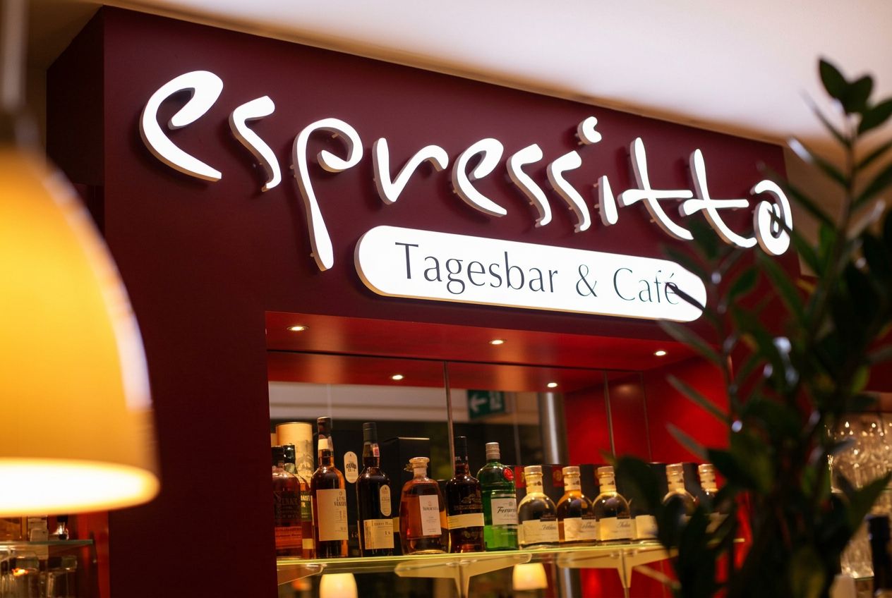 Beleuchteter Espressitto Schriftzug über der Bar